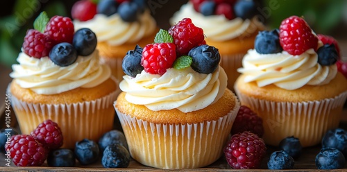 Delicious cupcakes topped with whipped cream and fresh raspberries and blueberries.