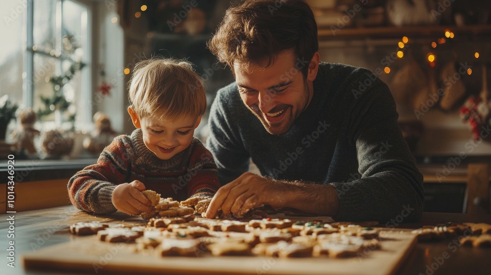 A father and son cutting out holiday-themed cookies together in a bright, cozy kitchen A father and son cutting out holiday-themed cookies together in a bright, cozy kitchen