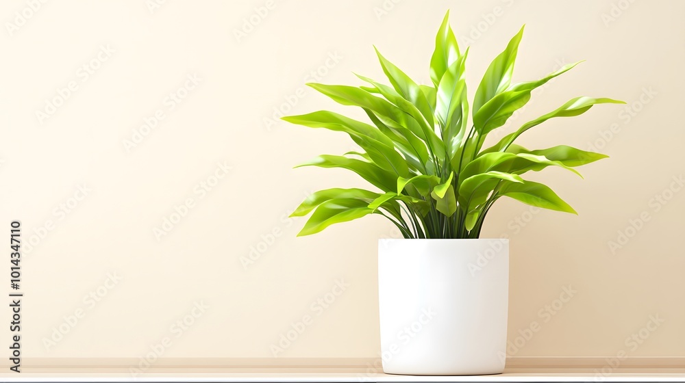Fototapeta premium A vibrant green plant in a white pot against a soft beige wall, adding a fresh and modern touch to the interior space.