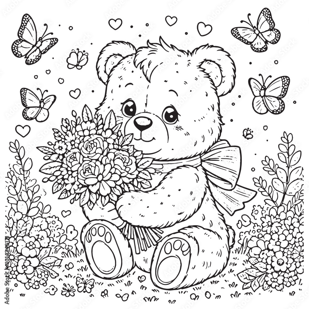 A cute little bear is holding flowers for coloring page