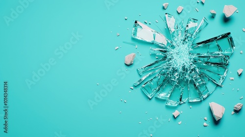 Shattered Glass Explosion on Turquoise Background   Broken Window  Danger  Fragile  Destru photo