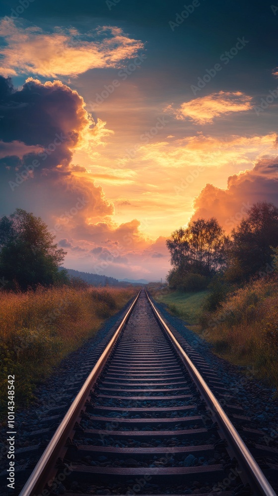 Railroad tracks leading into sunset with dramatic sky, nature and tranquility concept Railroad tracks leading into sunset with dramatic sky, nature and tranquility concept