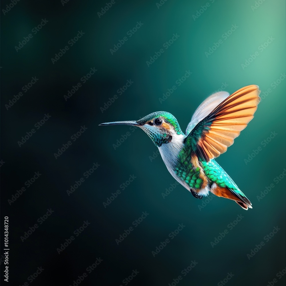 Fototapeta premium A stunning hummingbird captured in mid-flight, showcasing vibrant feathers and graceful motion against a soft green background. Perfect for nature enthusiasts.