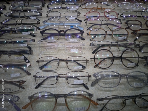 Case Filled With Various Styles of Eyeglasses The Eyeglasses Are Arranged in Rows and Columns With Different Shapes Sizes And Colors Some Have Metal Frames While Others Have Plastic Frames The Lenses 