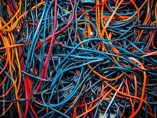 Wallpaper Mural Dynamic Network of Colorful Wires: A Striking Poster Design for Sport Interiors, Featuring a Chaotic Blend of Red, Blue, Orange, and Black Hues Torontodigital.ca