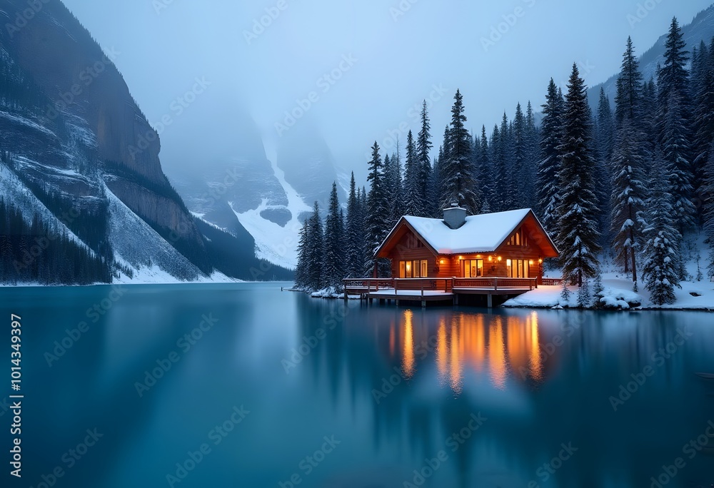 Fototapeta premium Blue hour shot at Emerald Lake, Yoho National Park in dreamy winter wonderworld 