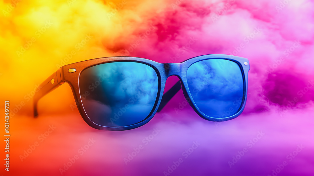 A pair of sunglasses is reflected in the sky. The sky is a mix of colors, including blue, purple, and yellow. The sunglasses are positioned in the middle of the sky A pair of sunglasses is reflected in the sky. The sky is a mix of colors, including blue, purple, and yellow. The sunglasses are positioned in the middle of the sky