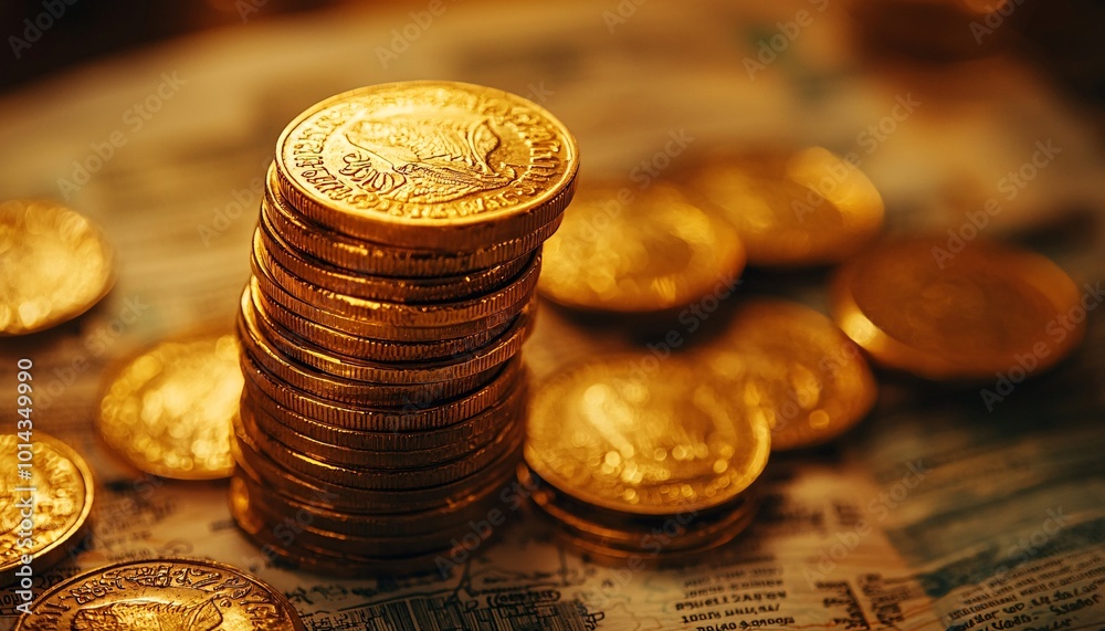 Financial Success Concept with Stack of Gold Coins on Report, Wealth Accumulation and Investment Symbol, Medium Shot Financial Success Concept with Stack of Gold Coins on Report, Wealth Accumulation and Investment Symbol, Medium Shot