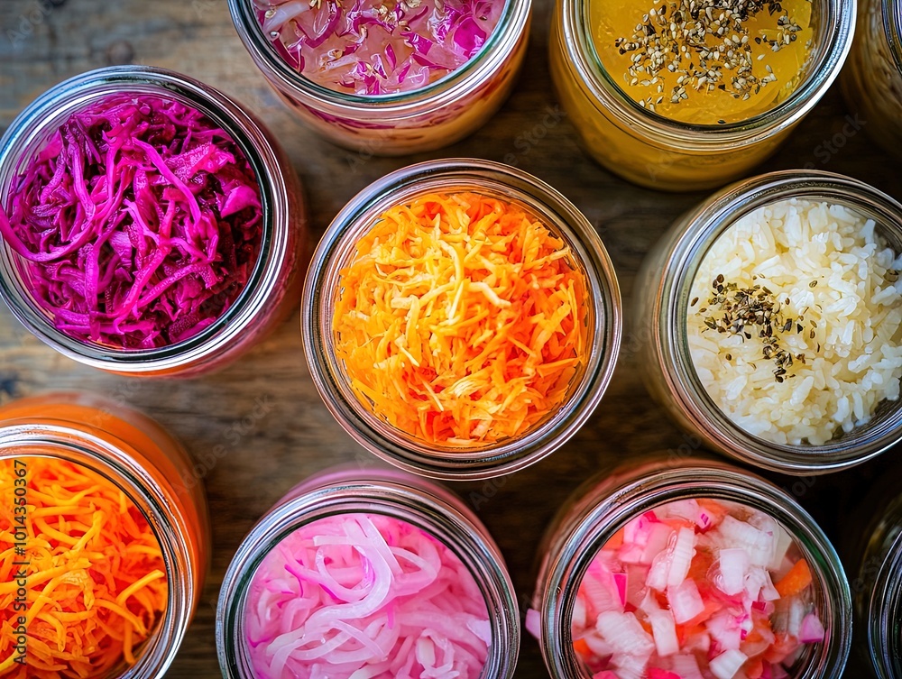 Vibrant Fermented Treasures: Colorful Glass Jars of Pickled Vegetables Perfect for a Rustic Kitchen Poster or Sporty Dining Area Decor Vibrant Fermented Treasures: Colorful Glass Jars of Pickled Vegetables Perfect for a Rustic Kitchen Poster or Sporty Dining Area Decor