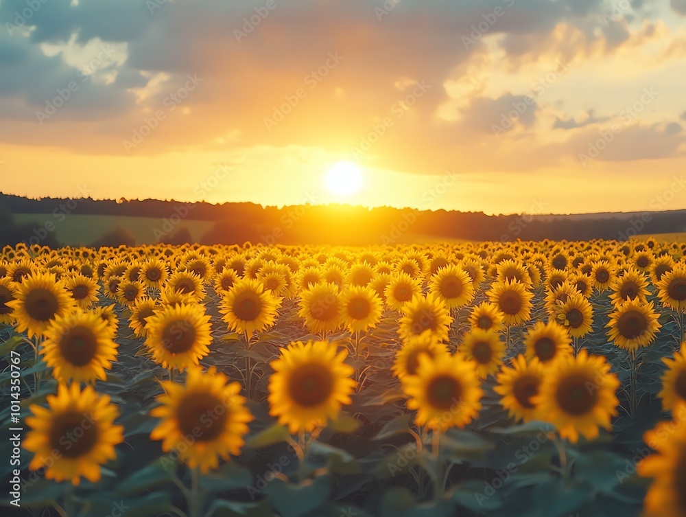Obraz premium Golden sunflowers blooming in a field at sunset.