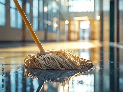 Intricate Mop Fibers and Reflection on a Gleaming Floor: A Stunning Poster for Brightening Sports Interiors and Inviting Spaces with Natural Light Elegance photo