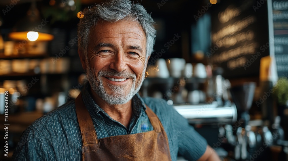 Obraz premium Portrait of a Successful Cafe Owner - Realistic High-Quality Image with Cinematic Lighting