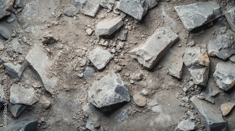 Fototapeta premium Close-up of construction site debris, showcasing crushed stones, broken concrete, and dust.