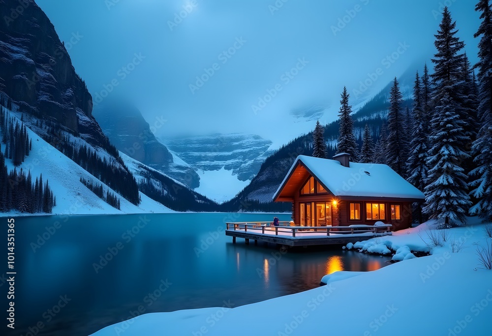 Fototapeta premium Blue hour shot at Emerald Lake, Yoho National Park in dreamy winter wonderworld 