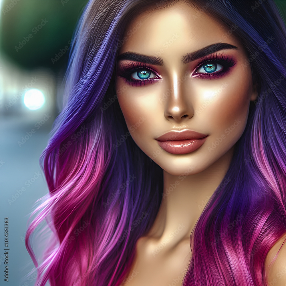 Portrait of a beautiful woman, wind in long wave neon purple ombre hair, blue eyes