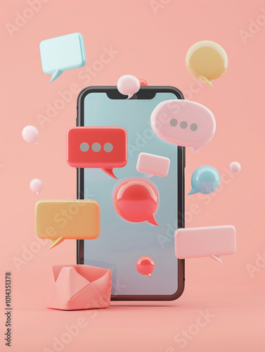 A 3D illustration of a smartphone with chat bubbles, representing social media interaction. Perfect for marketing, app presentations, and UI/UX design concepts