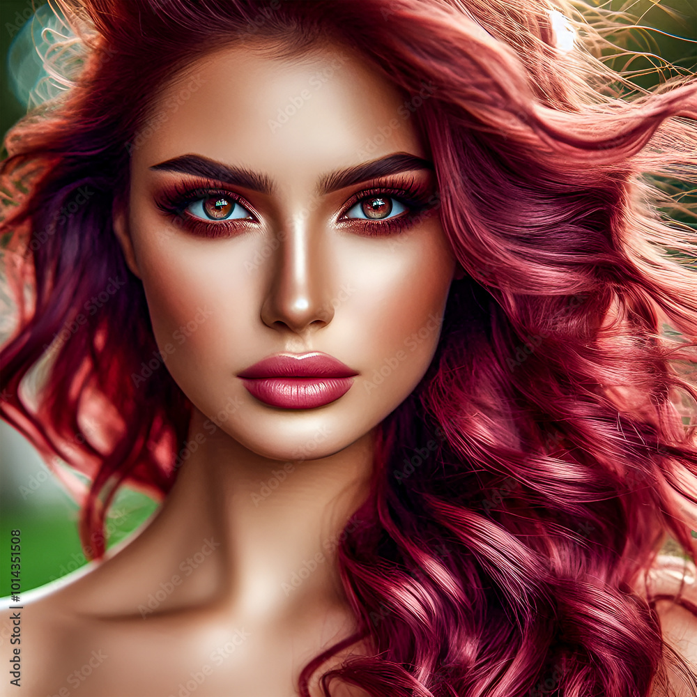 Fototapeta premium Portrait of a beautiful woman, wind in long curly red hair, brown eyes