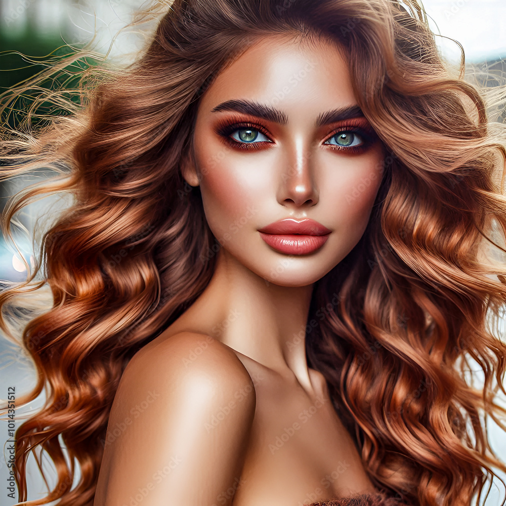 Portrait of a beautiful woman, wind in long curly gold hair, blue eyes Portrait of a beautiful woman, wind in long curly gold hair, blue eyes