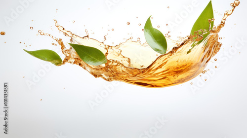 A splash of tea with green leaves.