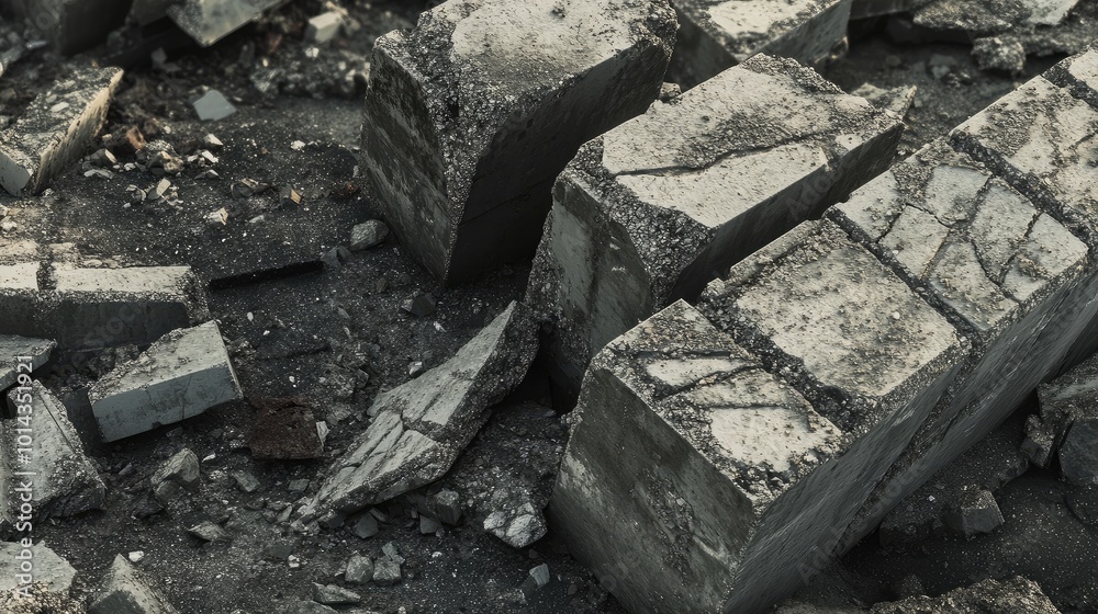 Detailed view of cracked and fragmented cement blocks, with debris scattered around the site. Detailed view of cracked and fragmented cement blocks, with debris scattered around the site.