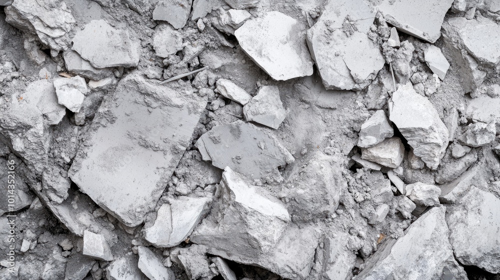 Shattered cement and crushed stone fragments from a construction site, highlighted in a close-up view.