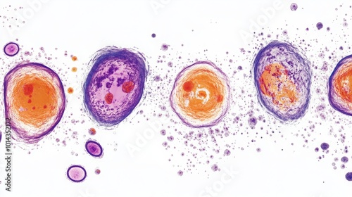 Illustration of the stages of mitosis, depicting cells splitting and chromosomal movement. This simple composition embraces minimalism, highlighting the essential elements of cell division