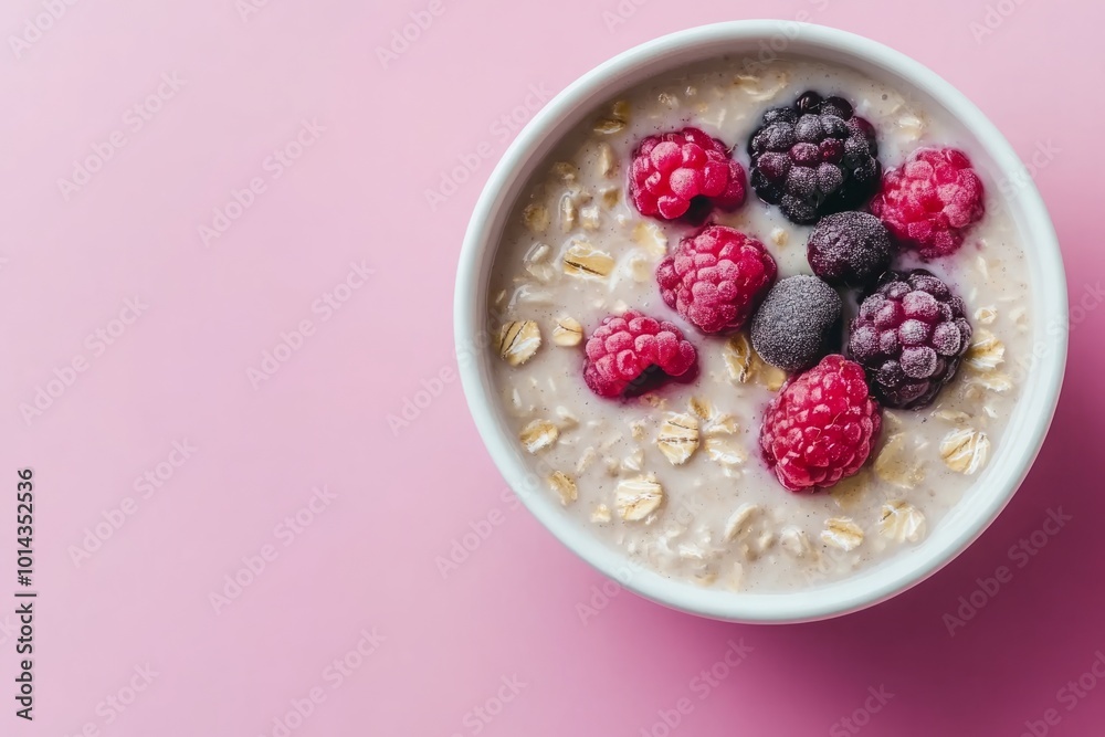 Oatmeal Cereal with Milk and Berries: A Playful and Vibrant Breakfast Composition in Soft Natural Light. Oatmeal Cereal with Milk and Berries: A Playful and Vibrant Breakfast Composition in Soft Natural Light.