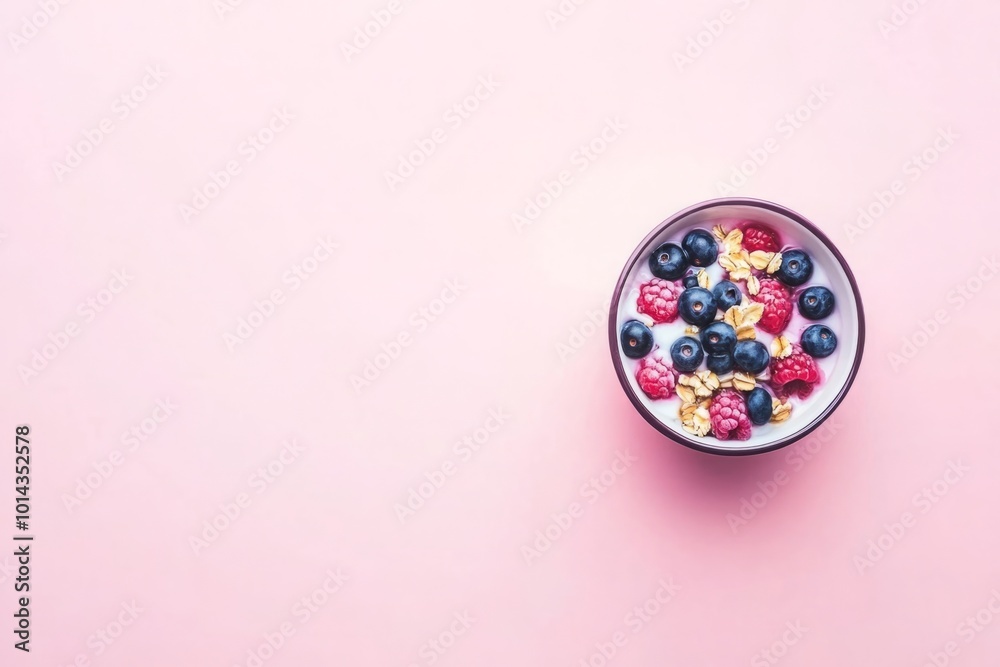Oatmeal Cereal with Milk and Berries: A Playful and Vibrant Breakfast Composition in Soft Natural Light.