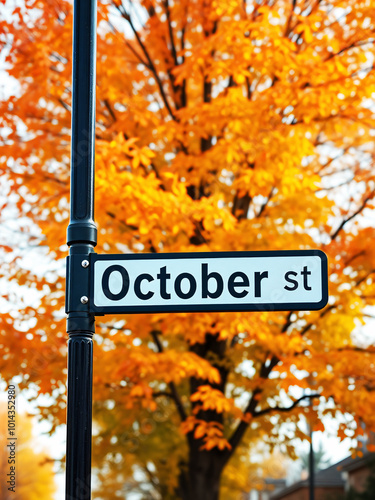 A street sign labeled 'October St' stands mounted on a black pole against of  blurred vibrant orange and yellow foliage photo