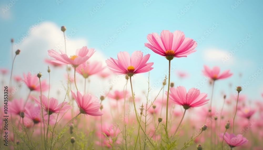 Fototapeta premium Field of Cheerful Pink Cosmos Flowers with Yellow Centers Under a Bright Blue Sky