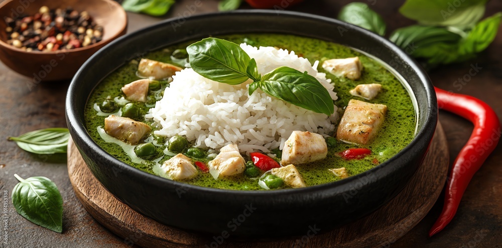 Green curry with chicken, peas, red peppers, and rice. Green curry with chicken, peas, red peppers, and rice.