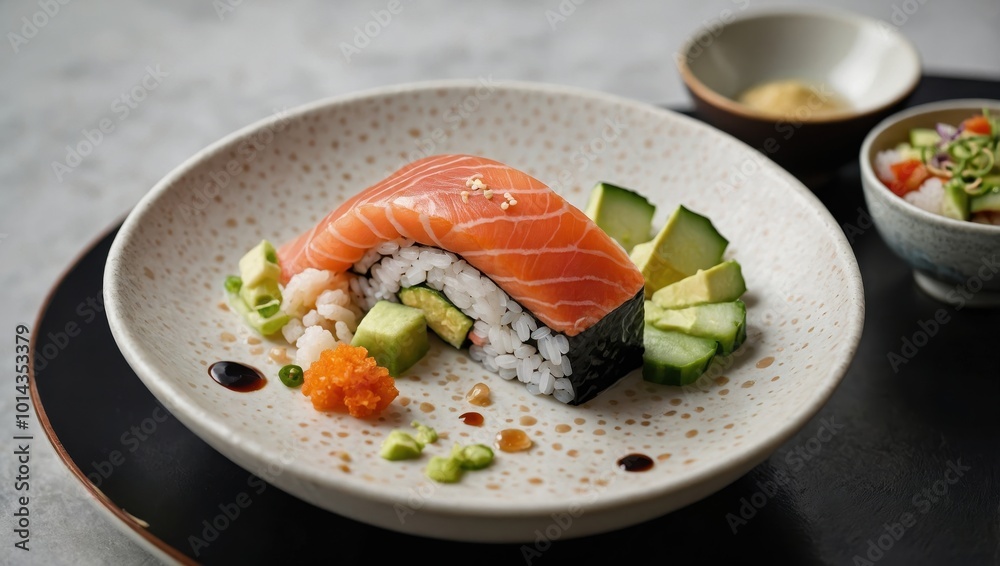 Plate of sushi bites with salmon and avocado, garnished with sesame seeds Plate of sushi bites with salmon and avocado, garnished with sesame seeds