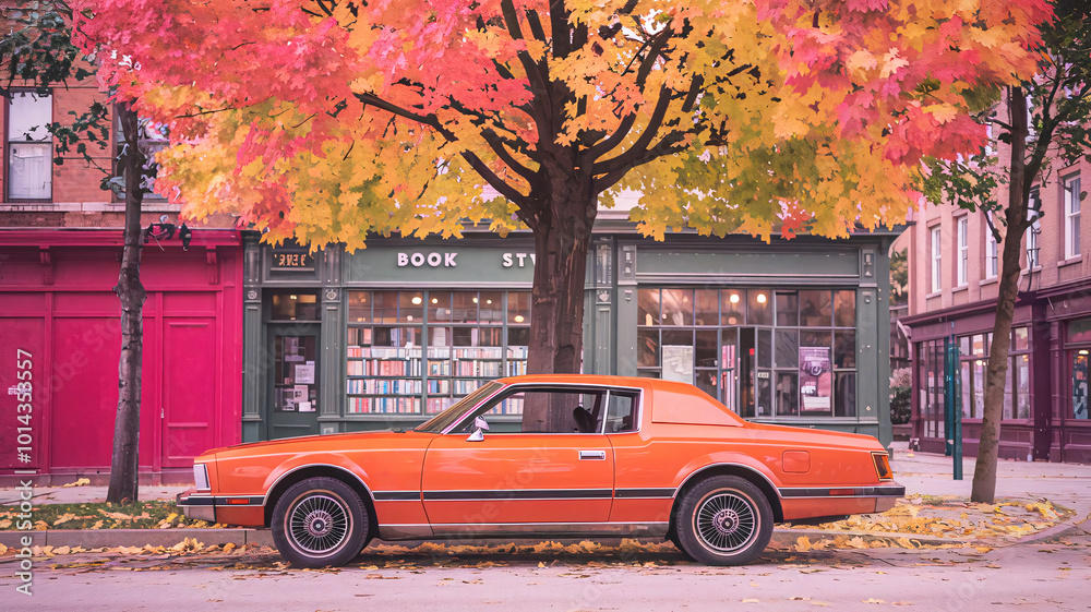 Φωτογραφία Vintage orange car parked in front of bookstore on autumn street with colorful f