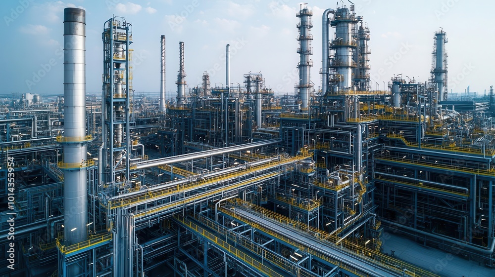 Drone view of a largescale oil refinery, highlighting the production process in the petrochemical industry Drone view of a largescale oil refinery, highlighting the production process in the petrochemical industry
