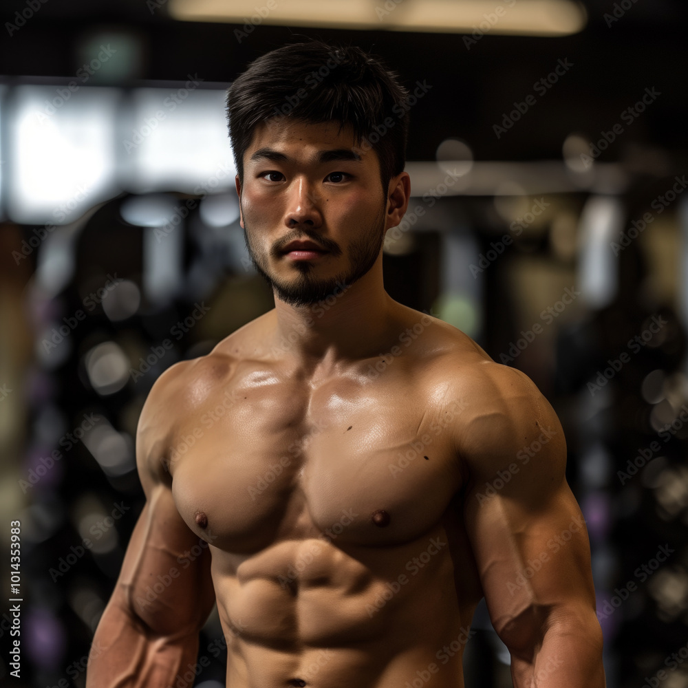 Portrait of a Muscular Asian Man in a Gym, Focused and Sweating Portrait of a Muscular Asian Man in a Gym, Focused and Sweating