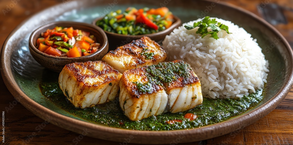 Grilled fish with green sauce, rice, and vegetable side dish on rustic wooden table. Grilled fish with green sauce, rice, and vegetable side dish on rustic wooden table.
