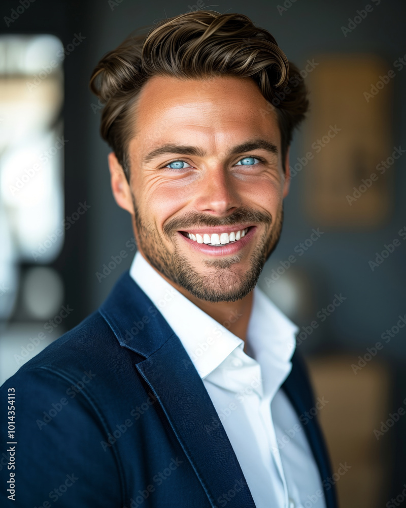 Naklejka premium Portrait of a smiling businessman with bright blue eyes in a formal suit