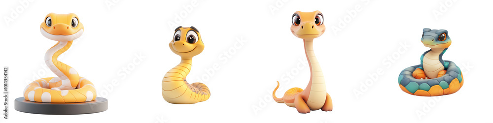 Fototapeta premium The image features a collection of colorful, whimsical snake and lizard figurines, an isolated on transparent background.