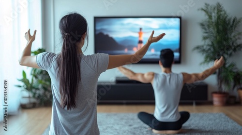 American couple doing at home online in front of TV screen showing exercise teaching stretching yoga exercise exercise