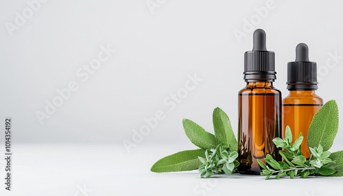 Closeup of essential oils from fresh herbs in glass bottles, herbal healing, purity and natural wellness, 3D illustration