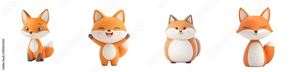 A set of four cute, cartoonish fox characters in various playful poses, featuring bright orange fur and joyful expressions against an isolated on transparent background. A set of four cute, cartoonish fox characters in various playful poses, featuring bright orange fur and joyful expressions against an isolated on transparent background.