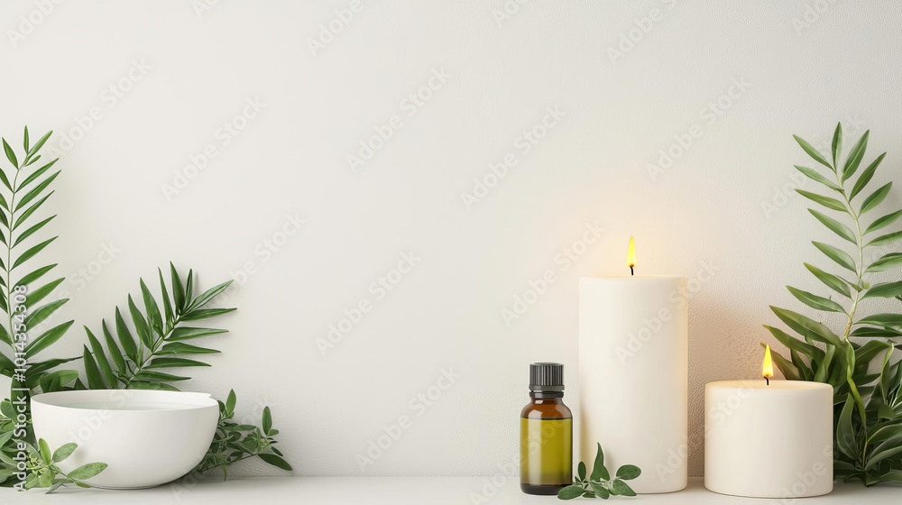 Herbal bath set with fresh herbs, candles, and essential oils, healing herbs, pure relaxation and natural wellness, 3D illustration Herbal bath set with fresh herbs, candles, and essential oils, healing herbs, pure relaxation and natural wellness, 3D illustration