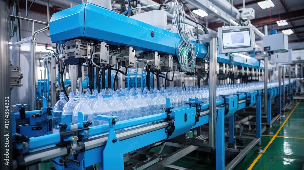 Conveyor belt system meticulously moves rows of transparent plastic bottles through a high-tech automated filling and capping machine in a modern factory Conveyor belt system meticulously moves rows of transparent plastic bottles through a high-tech automated filling and capping machine in a modern factory