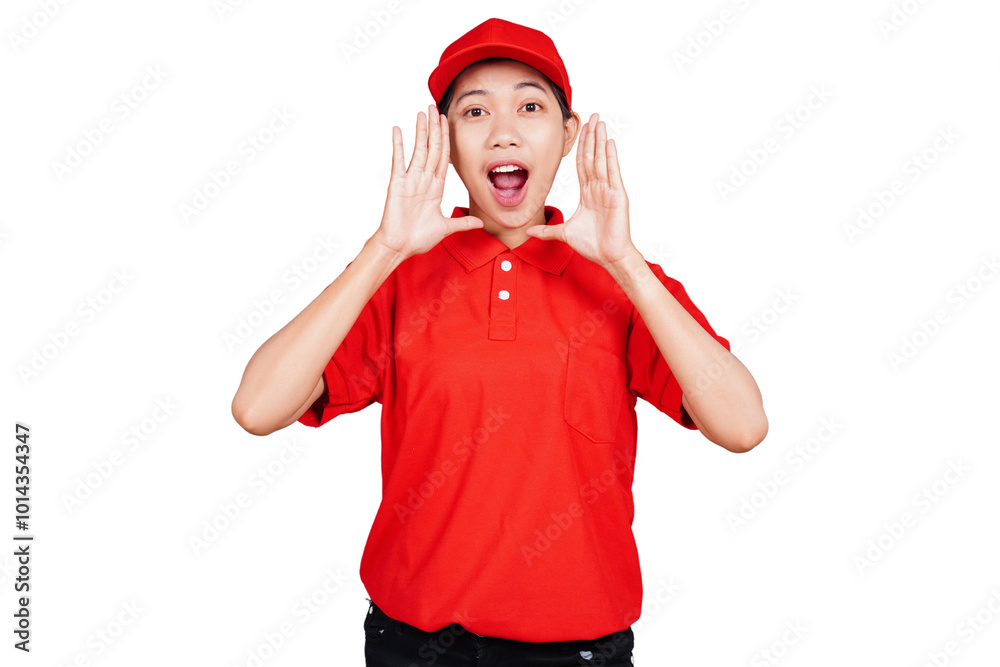 Smiling asian delivery courier woman showing shouting pose hand sign gesture cutout Smiling asian delivery courier woman showing shouting pose hand sign gesture cutout