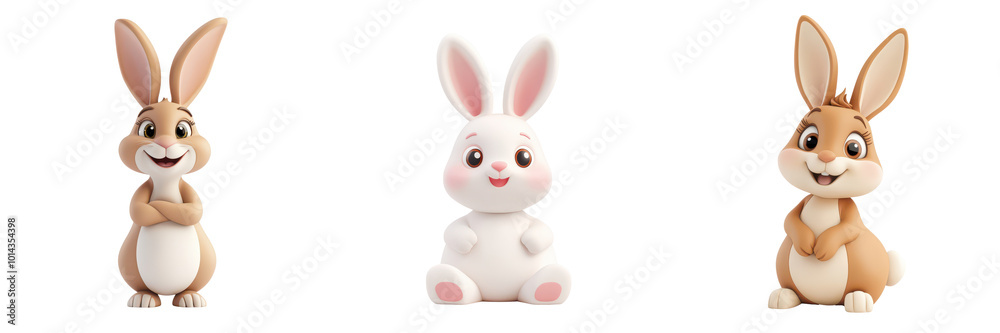 Three cute cartoon rabbits in different poses, showcasing cheerful expressions and vibrant colors against an isolated on transparent background. Three cute cartoon rabbits in different poses, showcasing cheerful expressions and vibrant colors against an isolated on transparent background.