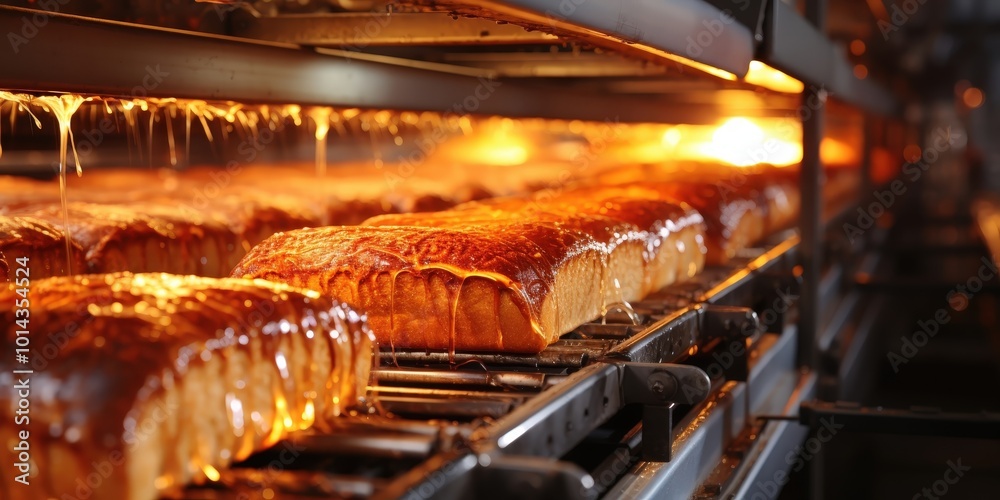 A close-up of freshly baked pastries on a conveyor belt, glistening with a golden glaze, moving towards the next stage of the production line. A close-up of freshly baked pastries on a conveyor belt, glistening with a golden glaze, moving towards the next stage of the production line.