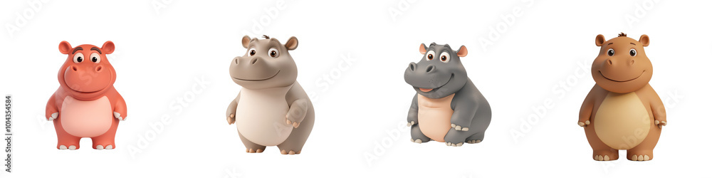 Four cute hippo characters in different colors, showcasing a playful and friendly theme against an isolated on transparent background. Four cute hippo characters in different colors, showcasing a playful and friendly theme against an isolated on transparent background.