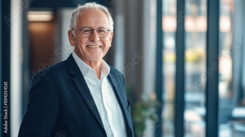 smart elegance senior old adult businessman standing smile confident and cheerful wear formal suit portrait shot in modern interior office background