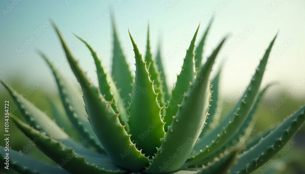 Spiky Green Aloe Vera Plant Against a Bright Blue Sky Spiky Green Aloe Vera Plant Against a Bright Blue Sky