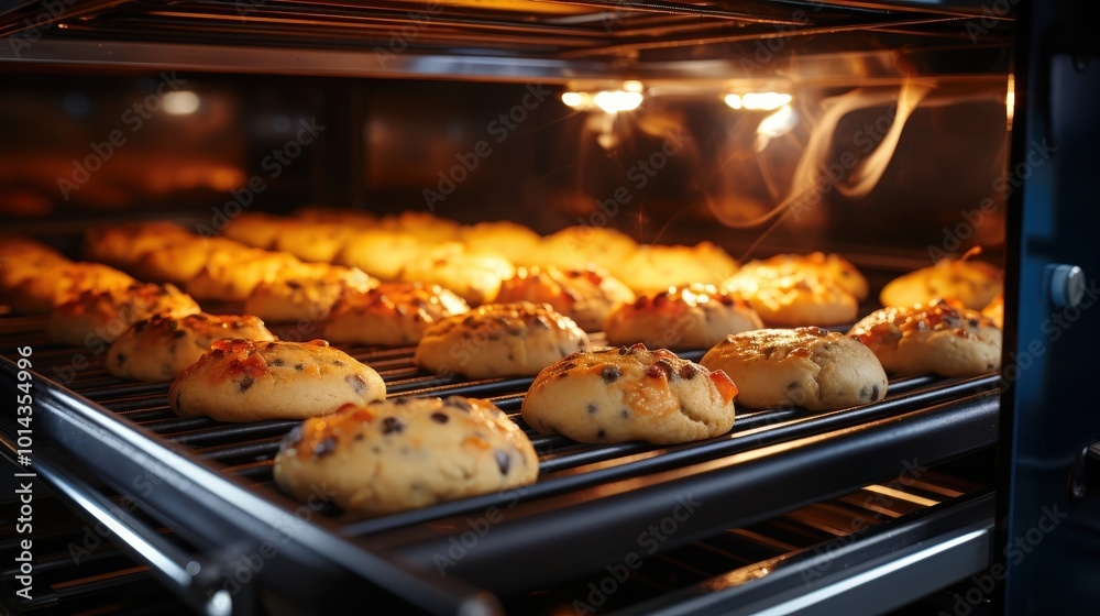 Freshly baked cookies cooling on a rack in an oven with warm light and steam emanating from them Freshly baked cookies cooling on a rack in an oven with warm light and steam emanating from them